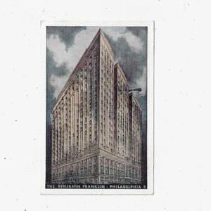 1948 Pocztówka z Benjamin Franklin Hotel, Filadelfia, Pensylwania, wysłana ze znaczkiem 1 Cent, Wiadomość, Pamiątka z podróży, Album ze zdjęciami z recyklingu