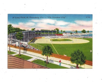 1940s Linen Postcard of Al Lang Field, St. Petersburg, Florida, Posted in 1965 w/ 4 Cent Stamp, Hand Written Message