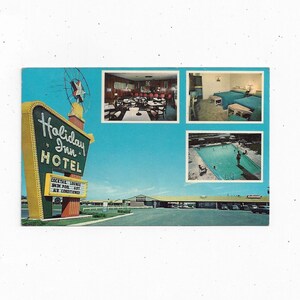 1963 Holiday Inn Postcard w Independence, Missouri, Opublikowano z wiadomością, Znaczek 4 Cent, 4 Widoki, Pamiątka z podróży, Upcycle, US 40 Highway