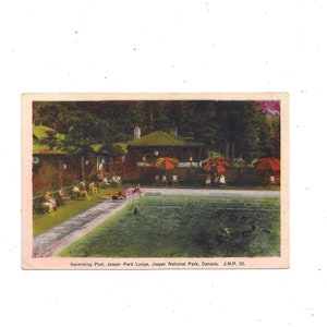 1930s Postkarte Schwimmbad im Jasper National Park, Kanada, Unposted, Schöne Farben, Reise Souvenir Ephemera