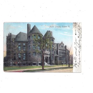 Cartão postal antigo de 1907 da Biblioteca Pública de Toledo, Ohio, enviado com mensagem, selo de 1 centavo, com glitter, álbum de recortes reciclado, lembrança de viagem