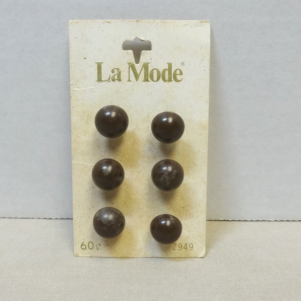 6 La Mode Brown Buttons on Original Card, Half Round Shank Style, 7/16 Inch, Made in Japan, Sewing, Clothing Repair, Fasteners, From 1960s