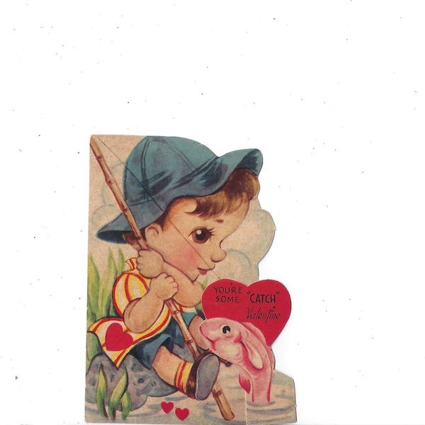 1950s School Valentine Card with Fishing Boy, Fold-out Fish, Signed, Vintage Greeting, Paper Ephemera, Made in USA