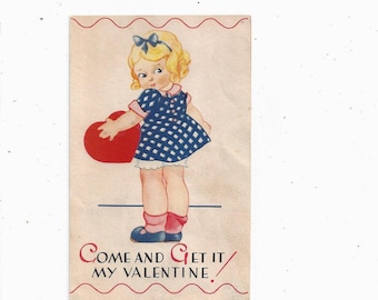 Tarjeta de San Valentín de la década de 1930 con linda chica, firmada, por Carrington Co., vintage greeting, paper Ephemera, Made in USA
