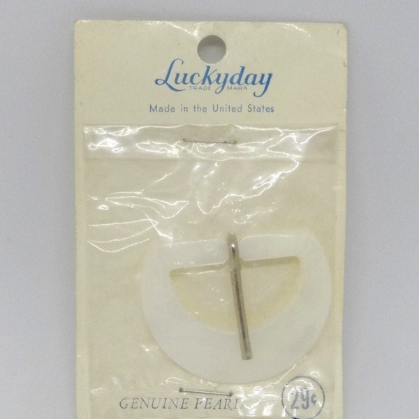 Genuine Pearl Belt Buckle in Original Package by Luckyday, From 1940s-1950s, 1 3/8 x 1.75 Inches, Dressmaking, Home Sew Supply, Mid Century