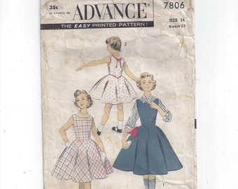 Advance 7806 Pattern for Girls' Jumper, Dress, Blouse, Size 14, From 1950s, Vintage Pattern, Home Sewing Pattern, 1950s Girls Fashion Sewing