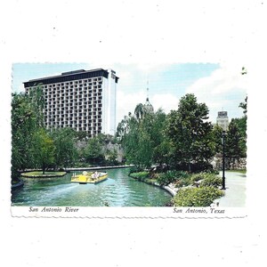 Cartão postal do Rio San Antonio em San Antonio, Texas, não publicado, Hilton em foto, da década de 1970, lembrança de viagem, presente de scrapbook reciclado