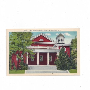 1st Baptist Church Linen Postcard, Wilkesboro, North Carolina, Unposted, Vintage Travel Souvenir, Upcycle Ephemera, 1940s, Religious Theme