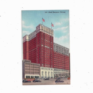 Cartão postal de linho dos anos 1940 do Hotel Sherman, Chicago Illinois, não postado, nas ruas Clark e Randolph, lembrança de viagem,