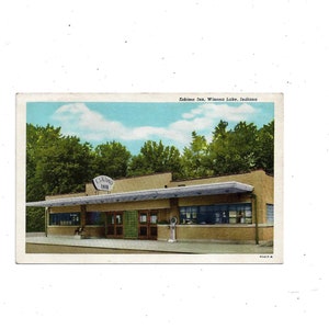 1957 Pocztówka Eskimo Inn, Winona Lake, Indiana, wysłana, wiadomość i 2-centowy znaczek, największa na świecie konferencja biblijna