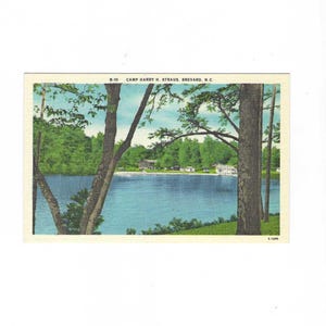 May include: A vintage postcard featuring a blue lake surrounded by green trees and a small camp area. The text at the top reads B-10 CAMP HARRY H. STRAUS, BREVARD, N.C. The scene includes tall tree trunks in the foreground framing the water and buildings.