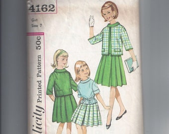 Simplicity 4162 Pattern for Girls' Pleated Skirt, Top & Jacket, Size 7, Early 1960s, Vintage Girls' Sewing Pattern, Late 1950s, Early 1960s