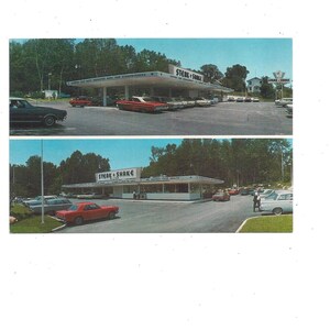 Frühe Steak n Shake Postkarte in Gainesville, Florida, ungepostet, Reise-Souvenir, Restaurantkette der 1960er Jahre, Werbung, 2 Ansichten, 10 x 15 cm