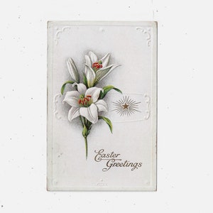 Postal de felicitaciones de Pascua de la década de 1920 con lirios, sin publicar, en relieve, estrella de oro, saludo navideño vintage