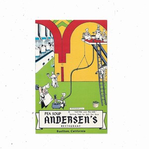 1960er Jahre Andersen's Restaurant Postkarte , Buellton, Kalifornien, ungepostet, mit Erbsensuppe, humorvoll, Pub. Elmo Verkäufer, Reise-Souvenir