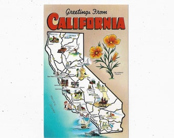 1960s Greetings from California Map Postcard, Unposted, Travel Souvenir, Points of Interest, State Flower Poppy, Upcycle Scrapbook