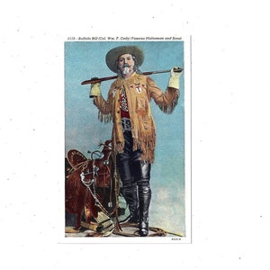 1940er Postkarte von Buffalo Bill, Col. William F Coty, Colorado, Unposted, Famous Plainsman and Scout, Sanborn Souvenir Co., Travel Ephemera