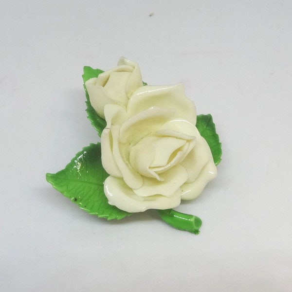 Porcelain China Rose Brooch in Ivory with Green, Enameled, 2 Inches, Locking Pin, Unsigned, 1960s Costume Jewelry, Flower Power