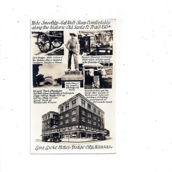 1941 Real Photo Postcard of Lora Locke Hotel, Dodge City, Kansas, Posted with 1 Cent Stamp, Multiple Views, Souvenir