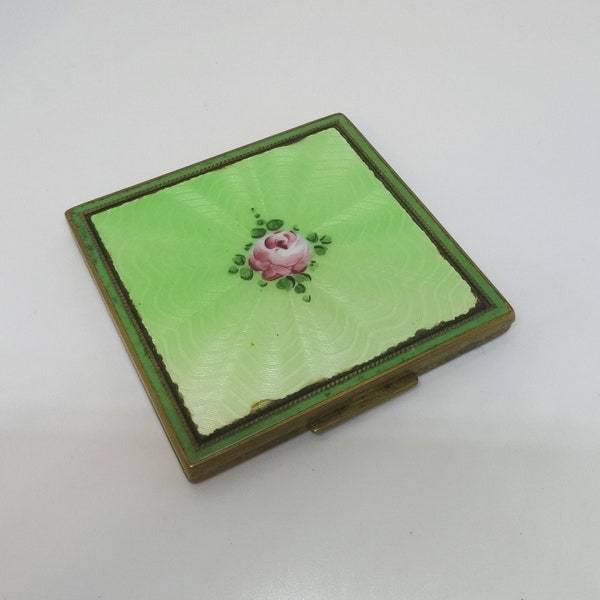 1940s Rex Fifth Avenue Compact, Guilloche Enamel with Hand Painted Flower on Cover, No Net or Screen, Vintage Vanity Cosmetics, Bevel Mirror