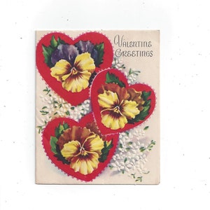 Biglietto di San Valentino anni '50 con viole del pensiero, firmato, doppia piega in rilievo, auguri vintage, effimeri di carta, festa dell'amore, regalo di carta riciclata