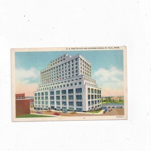 1940年代、ミネソタ州セントポールの米国郵便局と税関のリネンポストカード、未投函、3.5 x 5.5インチ、エフェメラ、アップサイクルスクラップブックサプライ