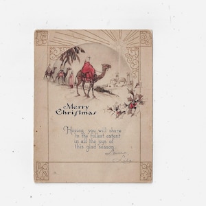 1900s Weihnachtskarte mit 3 Wisemen auf Kamelen, signiert, goldener Schrift, keine Postkarte, Weihnachtsgruß,