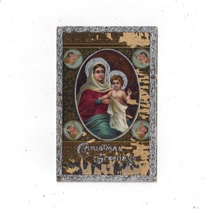 Feuille d’aluminium découpée 1924 Salutations de Noël Carte postale en relief, non postée avec message, Vierge à l’Enfant, imprimée en Allemagne,