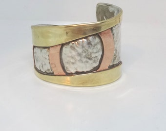 3 Metal Asymmetrical Cuff Bracelet, Designer Signed, Copper, Brass, & Silver Nickel or Pewter - Unsure, 1 7/8 In. Wide and 1 In. at Narrow