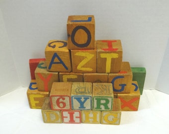 Set of 22, 1960s ABC Wood Building Blocks with Painted Alphabet & Numbers, Engraved Graphics, 13 Home Made, 9 Factory, Vintage Child Play