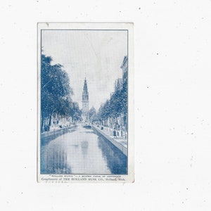 1910 Postal antigua del Canal de Ámsterdam, Holanda, publicada con sello de 1 centavo, mensaje, Holland Rusk Co. Michigan, delicada delicadeza holandesa