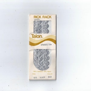 1972 Packaged Talon Metallic Rick Rack in Silver, 3 Yards of 1/4 Inch, Home Sewing Notions, 94/6% Metallic/Rayon 50/50, Trim, Braid
