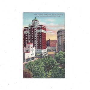 El Paso, Texas, carte postale en lin des années 40, bâtiment Kress & Mills, hôtel Hilton, depuis la place San Jacinto, sans encadrement, 3,5 x 5,5 po., souvenir de voyage
