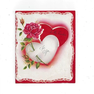 Anni '50, biglietto di San Valentino per la scuola dell'insegnante, piegato due volte, cuori con fustella, firmato, effimero di carta, A-Meri-Card