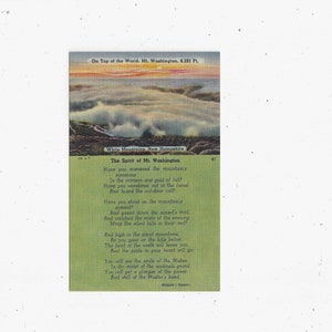 Carte postale en lin des années 1940 des Montagnes Blanches, New Hampshire, avec poème « Spirit of Mt. Washington », non posté, souvenir de voyage,
