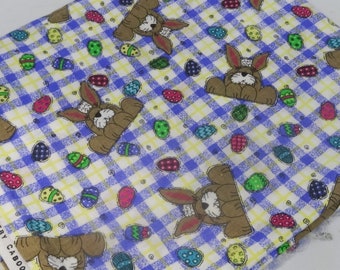 2 Yard Cut of Vintage Easter Blessing Fabric with Bunny and Eggs on Blue and Yellow Gingham, Novelty Sewing, 44 Inches Wide, Leanne Anderson