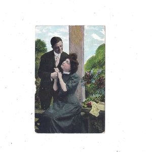 1908 Mężczyzna i kobieta zaloty kolorowa pocztówka, wysłana ze znaczkiem 1 Cent, wiadomość, stempel pocztowy Tennessee