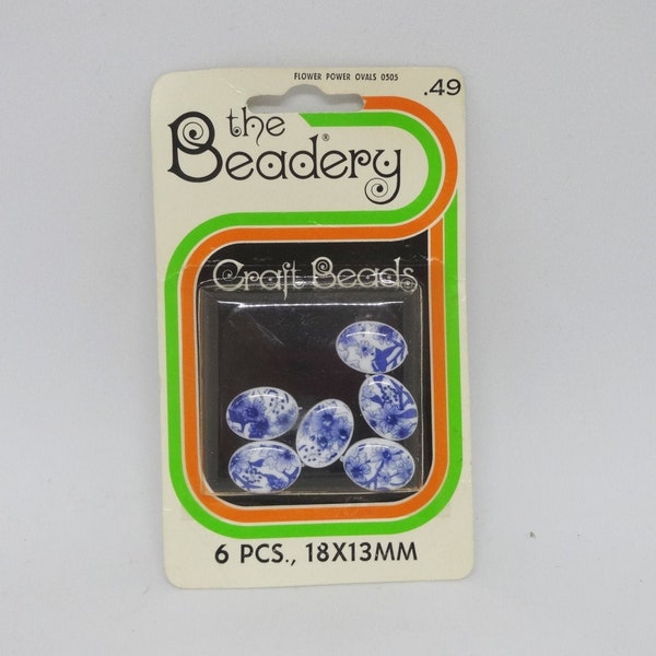 The Beadery Craft Beads, Flower Power Ovals, 6 Pieces, New in Package, 18 x 13mm, .75 Inch, Blue & White Flowers, Made in USA