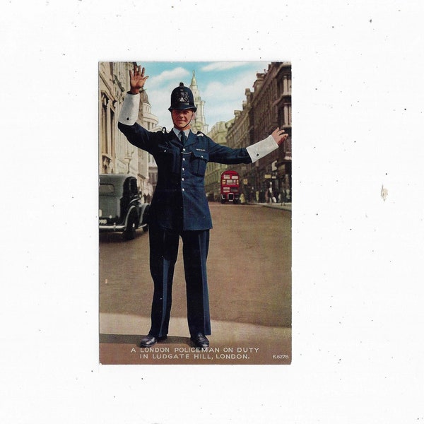 1950s Postcard of London Policeman or Bobby in Ludgate Hill, England, Unposted, Directing Traffic, Old Car Bus, Valesque Valentine, Ephemera