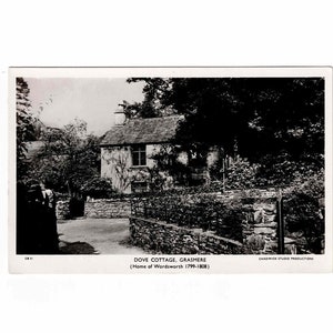 1945 Pocztówka z Dove Cottage w Grasmere, Cumbria, Anglia, wysłana z wiadomością i znaczkiem 2D, prawdziwe zdjęcie czarno-białe, brytyjska pamiątka z podróży