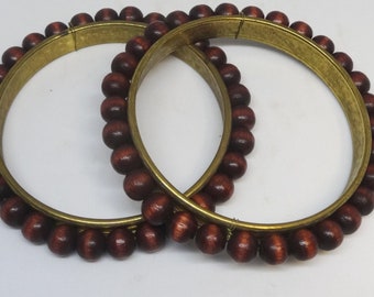 Pair of Wood Beaded Bangle Bracelets, 2 5/8 Inches Diameter, Costume Jewelry, Fashion Accessory, From 1980s, Upcycle