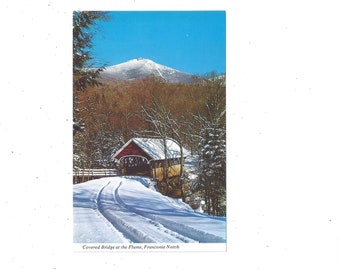 Postcard Covered Bridge at Flume, Franconia Notch, White Mountains, New Hampshire, Unposted, Travel Souvenir, Snowy Road, Mountains, Scenery