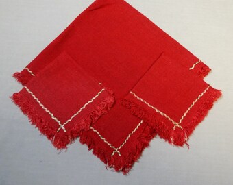 1960s Cocktail Napkin Set in Red with Embroidery, Set of 2 w/ Center Doily, 8.5 Inches Square and 16.75 x 17 Inches, Home Decor, Holiday