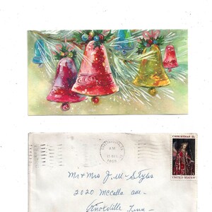 1968 Bożonarodzeniowa kartka z życzeniami z dzwonkami, kopertą i 6-centowym znaczkiem, podpisana, zabytkowa kartka świąteczna, ulotne, połowa wieku, recykling