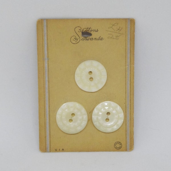 Set of 3 Schwanda Ivory Glass Faceted Buttons on Original Card, 13/16 Inch Sew Through, Replacement Clothing, Antique Buttons