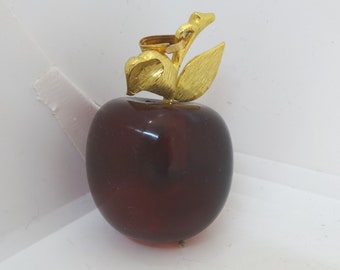 Ruby Red Glass Apple Pendant, NO Chain, Gold Tone Leaves & Stem, Unsigned, Hollow, 2 Inches Tall, Vintage Costume Fashion Jewelry