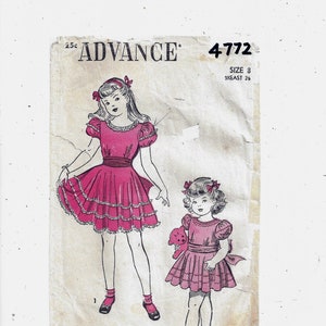 Advance 4772 Pattern for Girls&#39; Dress, Size 8, From Early 1950s, NON Printed, Mid Century Fashion