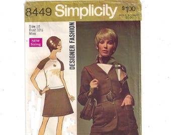Patrón Simplicity 8449 para vestido y chaqueta de diseñador para señoras, talla 10, de 1969. Patrón de costura casera, patrón vintage, costura de moda de 1969.
