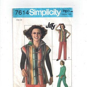 May include: Simplicity sewing pattern 7614 features a woman wearing a colorful striped vest with toggle closures, paired with orange pants. The pattern also shows a striped top and pants, and a green suit. The text "Simplicity" is visible.