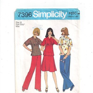 May include: A vintage sewing pattern for a women's blouse and skirt. The pattern is from Simplicity and is number 7396. The pattern is for size 10 with a bust of 32 1/2 inches. The pattern is for a miss. The pattern is £1.50 in the United States and £1.60 in Canada.
